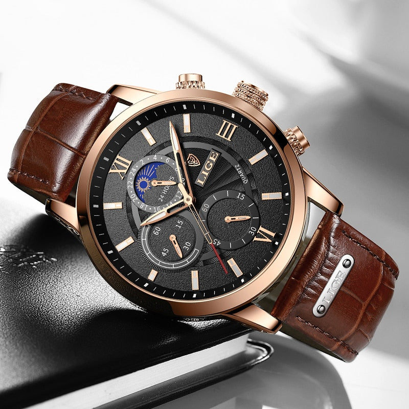 LIGE  Luxury Men Wrist Watch Leather  Waterproof