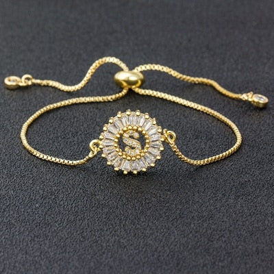 A-Z Initial Micro Pave Cubic Zircon Letter Charm Chain Bracelets Adjustable For Women