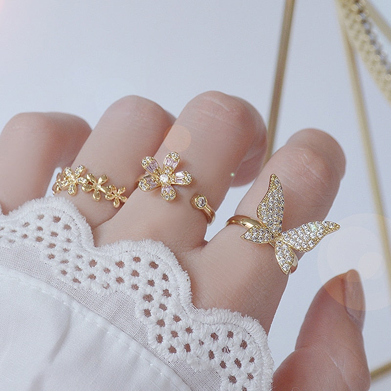 14K Plated Gold Big Bling Butterfly Women Ring Adjustable Anti-allergy