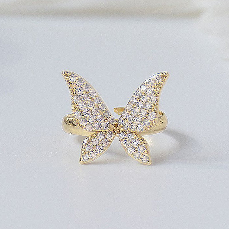 14K Plated Gold Big Bling Butterfly Women Ring Adjustable Anti-allergy