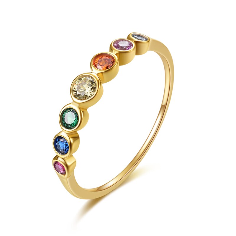 Real Sterling Silver 925 Rainbow Ring Women Cubic Zirconia Rings 14K Gold plated.