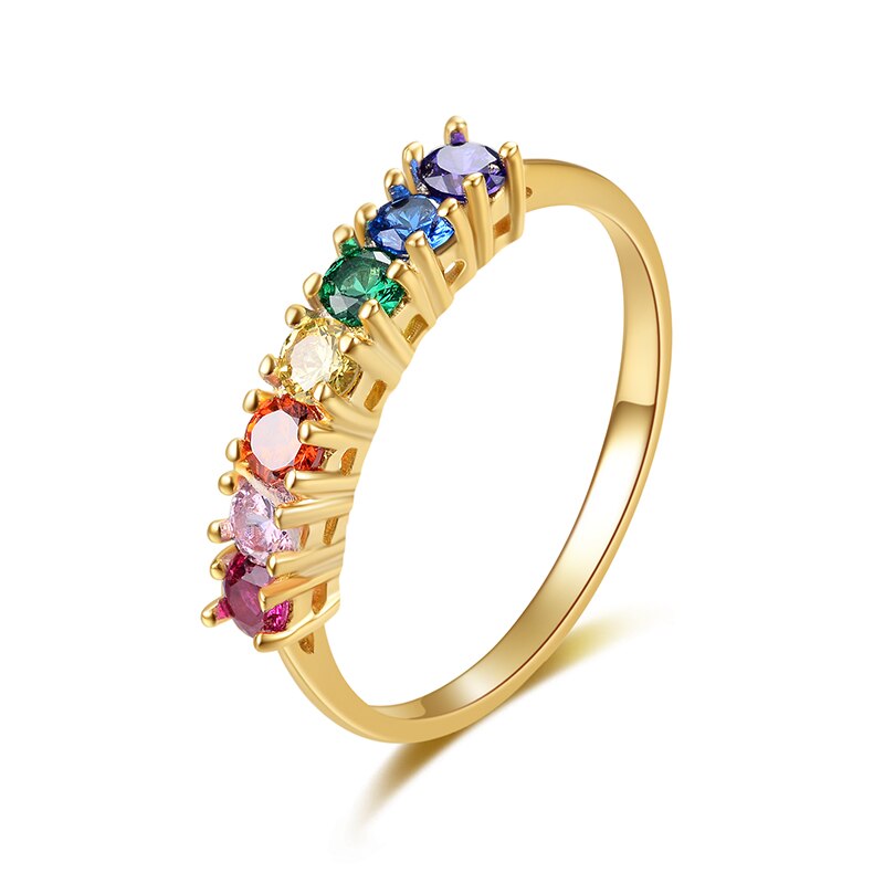 Real Sterling Silver 925 Rainbow Ring Women Cubic Zirconia Rings 14K Gold plated.