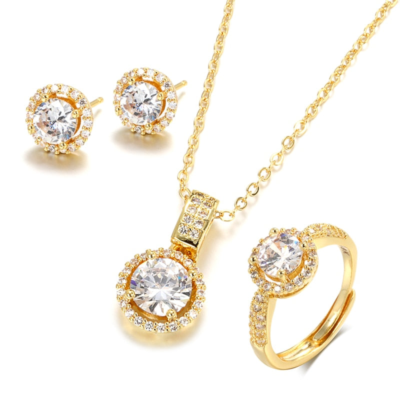 Kinel 18K Gold Zircon Jewelry Sets Engagement Ring Necklace Earring for Women