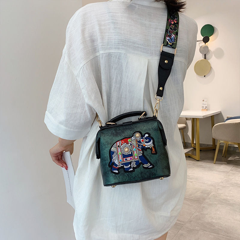 Vintage Embroidery Elephant Bags Wide Butterfly Strap PU Leather