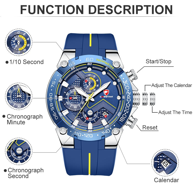 CHEETAH Mens Luxury Brand Big Dial Watch Men Waterproof  Chronograph