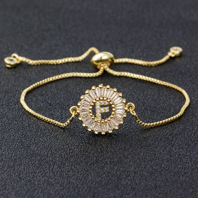 A-Z Initial Micro Pave Cubic Zircon Letter Charm Chain Bracelets Adjustable For Women