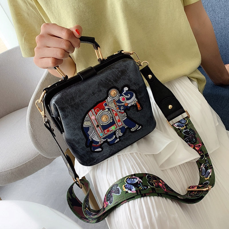 Vintage Embroidery Elephant Bags Wide Butterfly Strap PU Leather