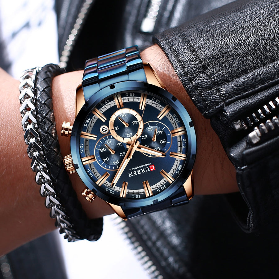 Curren Blue Dial Stainless Steel  Mens Business Male Watches Waterproof