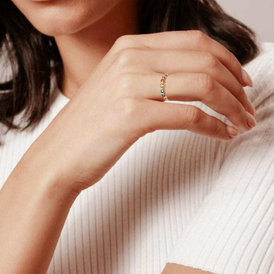 Real Sterling Silver 925 Rainbow Ring Women Cubic Zirconia Rings 14K Gold plated.
