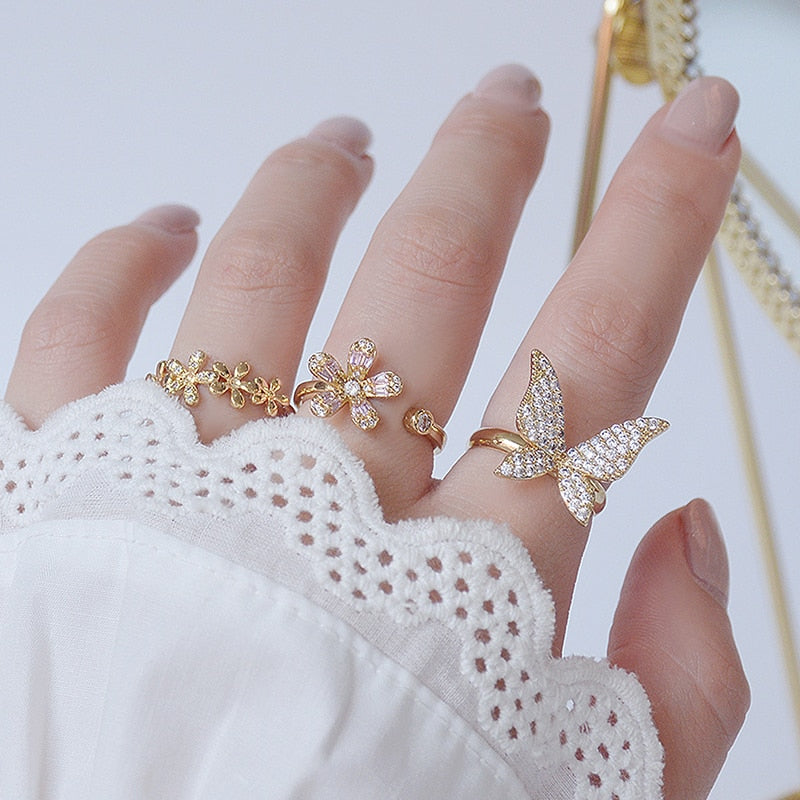 14K Plated Gold Big Bling Butterfly Women Ring Adjustable Anti-allergy