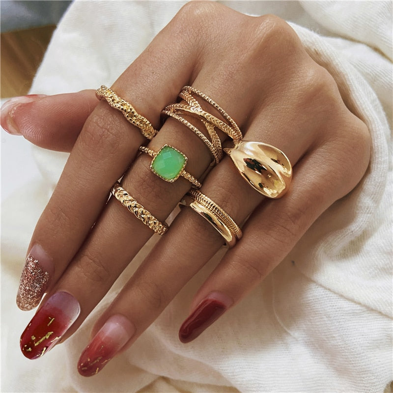 17KM Hiphop Gold Color Chain Rings Set For Women