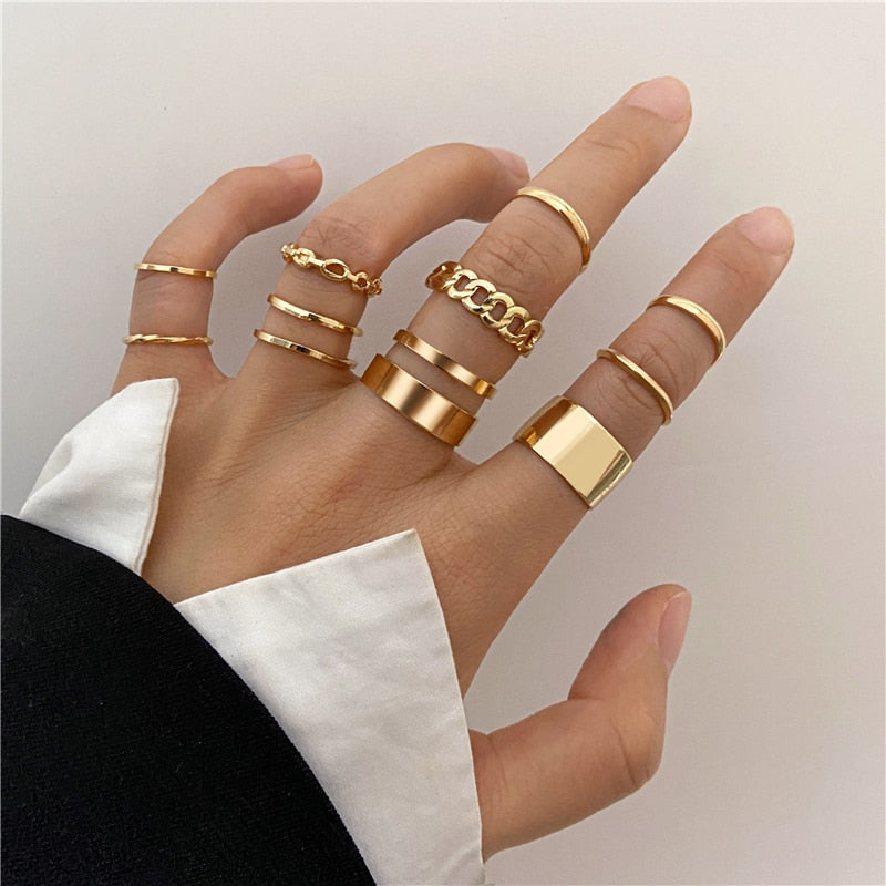 17KM Hiphop Gold Color Chain Rings Set For Women
