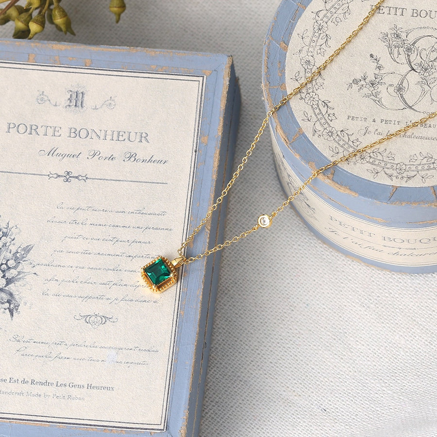 Women Emerald Pendants Gemstone Necklaces 925 Sterling Silver 14K Gold Plated