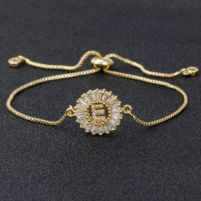 A-Z Initial Micro Pave Cubic Zircon Letter Charm Chain Bracelets Adjustable For Women