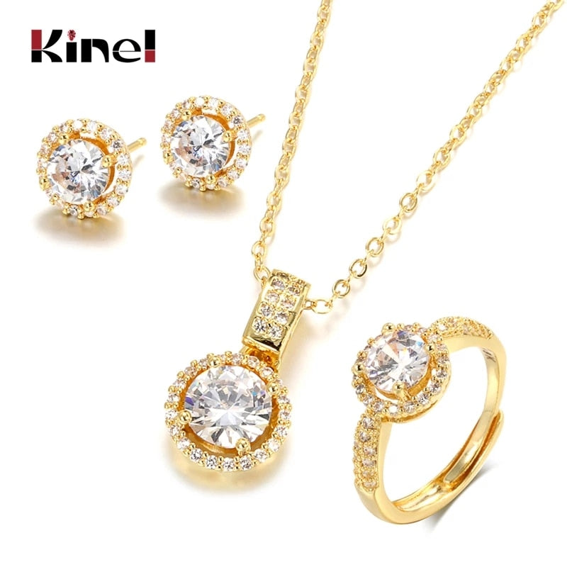 Kinel 18K Gold Zircon Jewelry Sets Engagement Ring Necklace Earring for Women