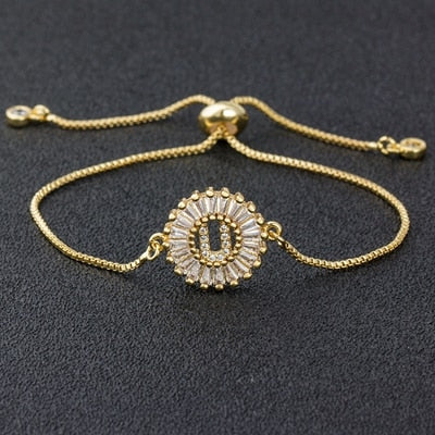 A-Z Initial Micro Pave Cubic Zircon Letter Charm Chain Bracelets Adjustable For Women