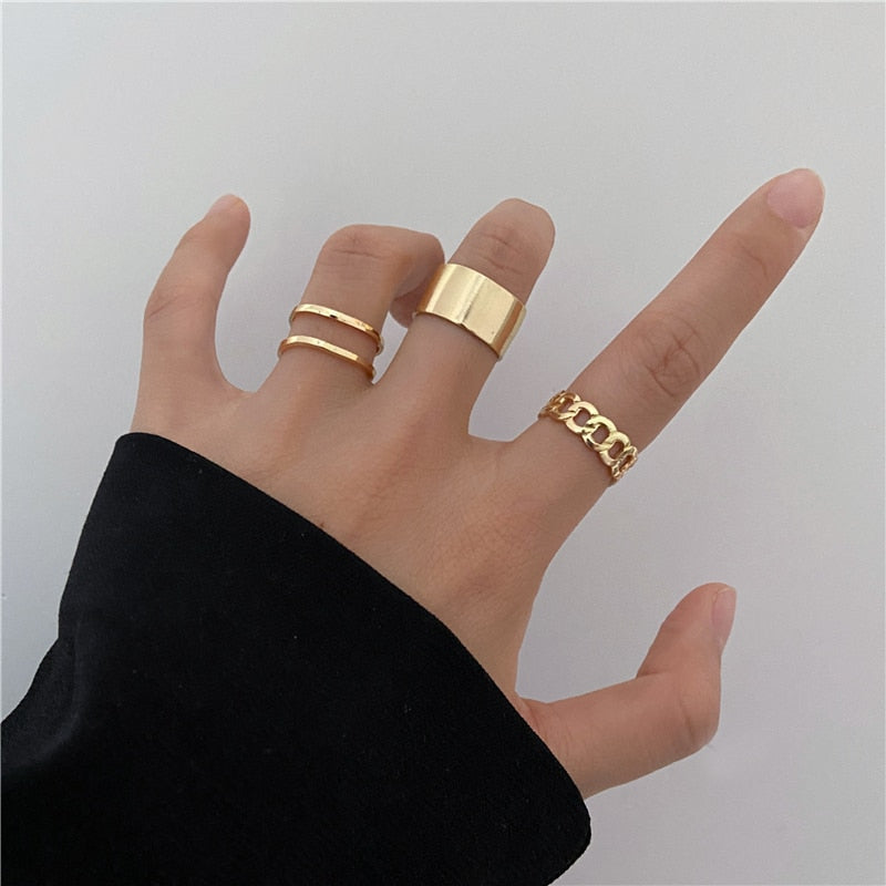 17KM Hiphop Gold Color Chain Rings Set For Women