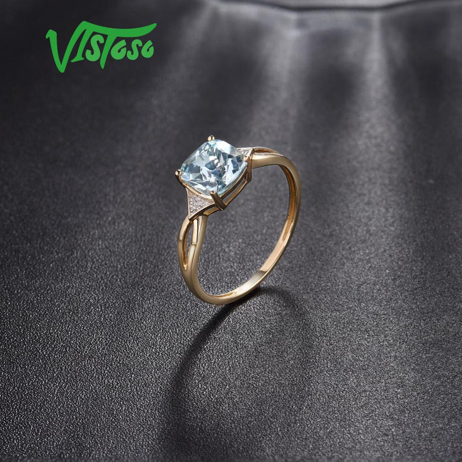 VISTOSO 14K 585 Yellow Gold Ring For Women Diamond Sky Blue Topaz