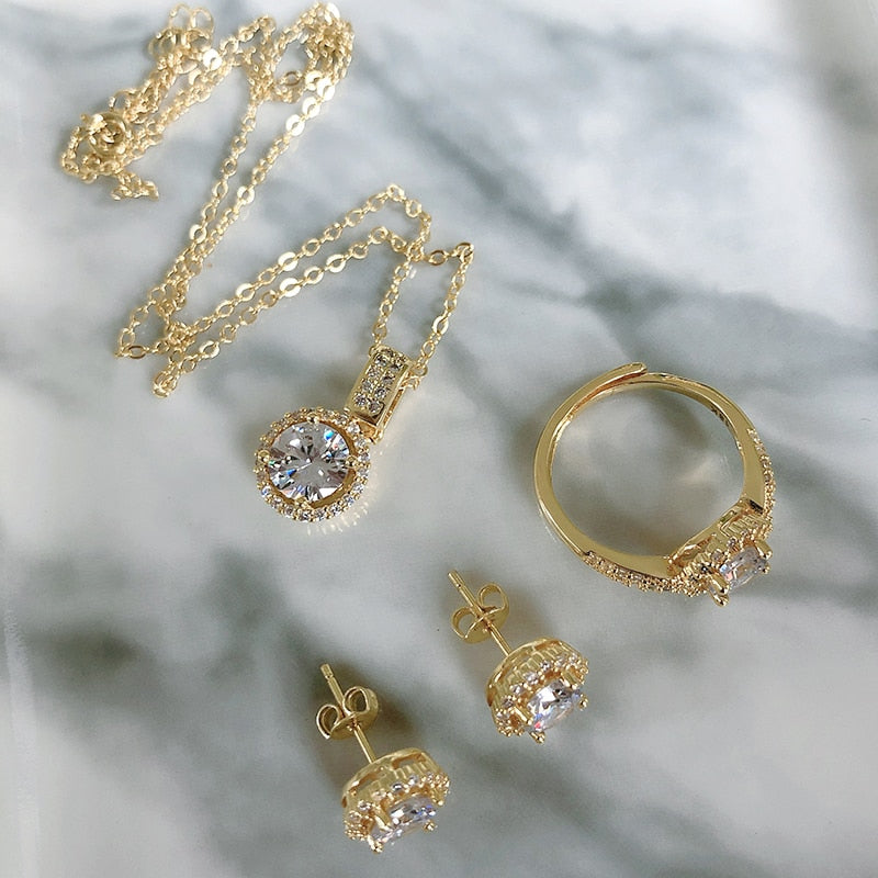 Kinel 18K Gold Zircon Jewelry Sets Engagement Ring Necklace Earring for Women