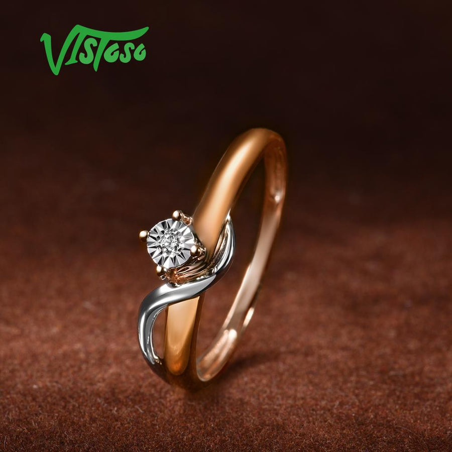 VISTOSO Pure 14K 585 Two-Tone Gold Sparkling  Diamond Ring For Women.