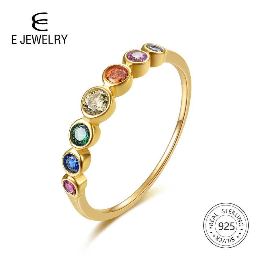 Real Sterling Silver 925 Rainbow Ring Women Cubic Zirconia Rings 14K Gold plated.