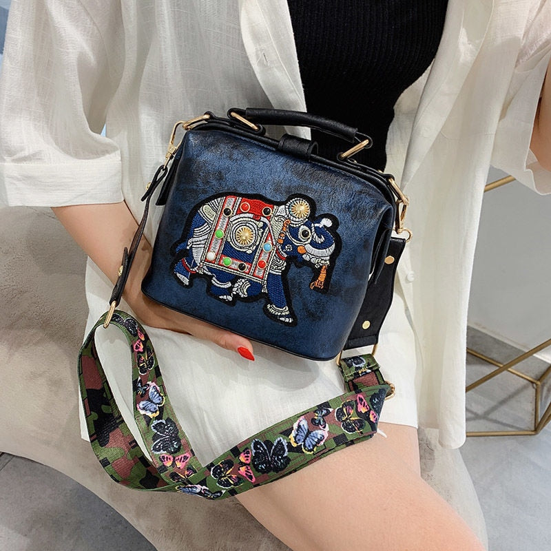 Vintage Embroidery Elephant Bags Wide Butterfly Strap PU Leather