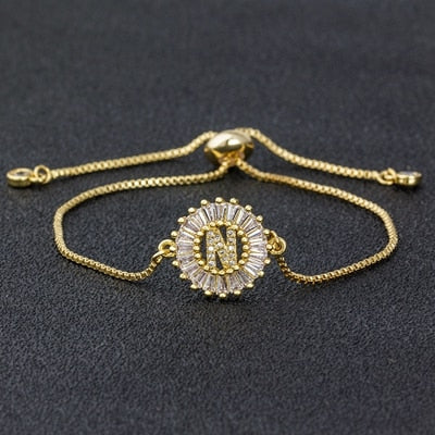 A-Z Initial Micro Pave Cubic Zircon Letter Charm Chain Bracelets Adjustable For Women