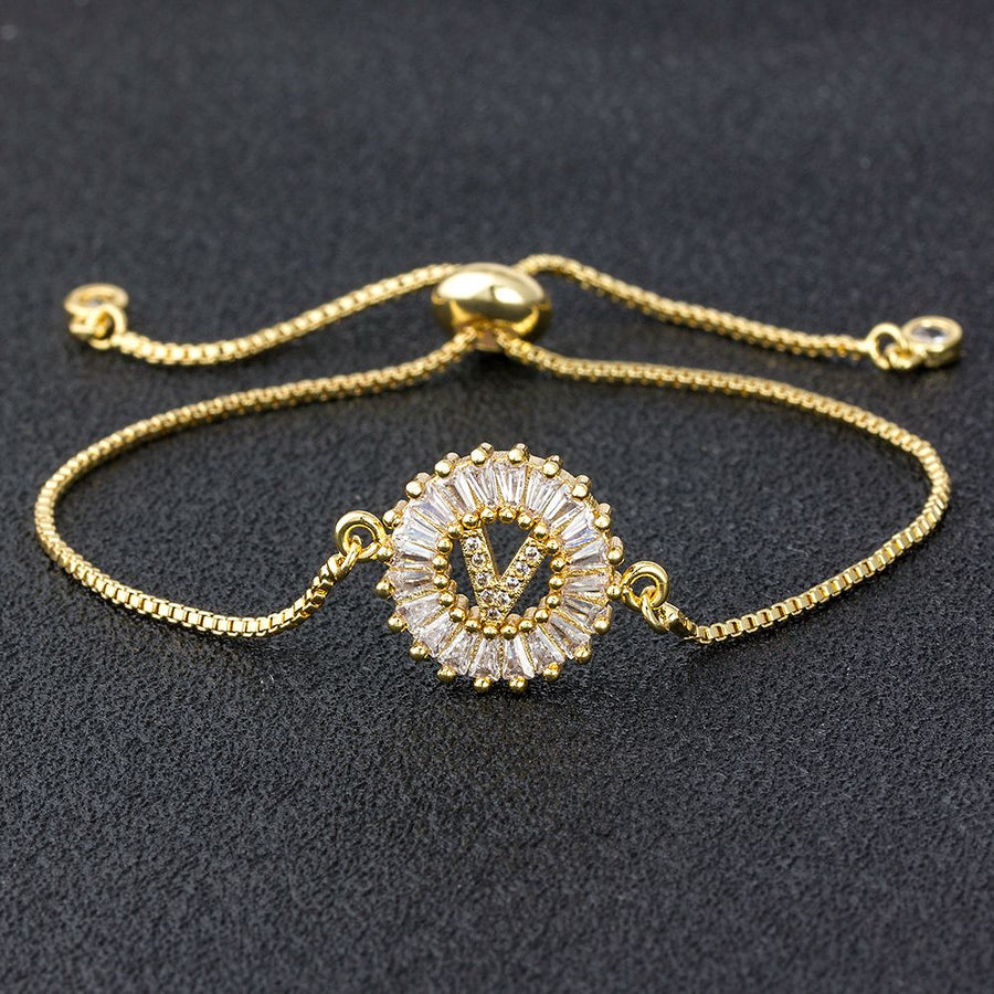 A-Z Initial Micro Pave Cubic Zircon Letter Charm Chain Bracelets Adjustable For Women