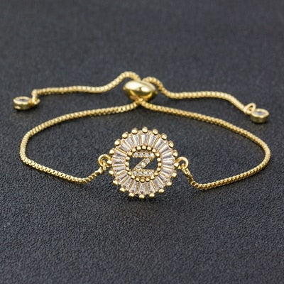 A-Z Initial Micro Pave Cubic Zircon Letter Charm Chain Bracelets Adjustable For Women
