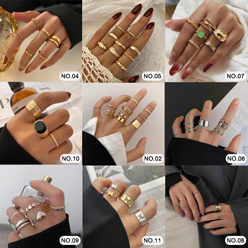 17KM Hiphop Gold Color Chain Rings Set For Women