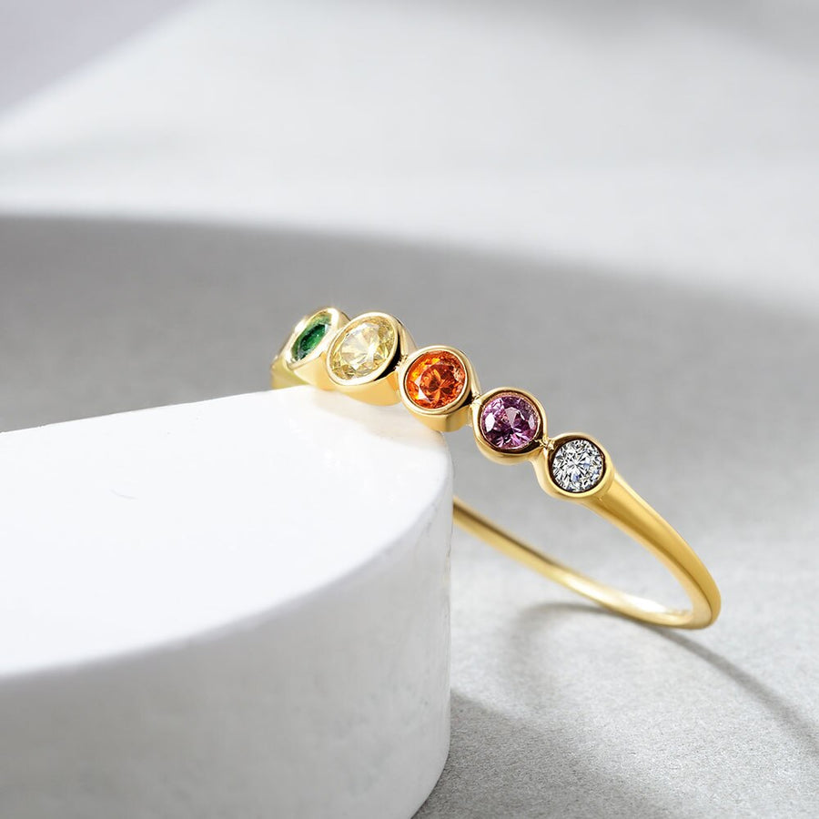 Real Sterling Silver 925 Rainbow Ring Women Cubic Zirconia Rings 14K Gold plated.