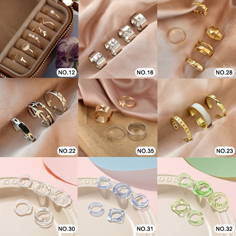 17KM Hiphop Gold Color Chain Rings Set For Women
