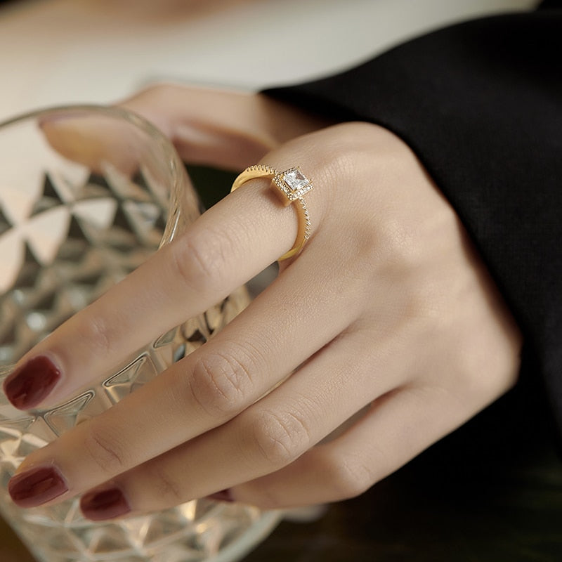 Exquisite Simple Square Zircon Gold Color Open Rings For Woman