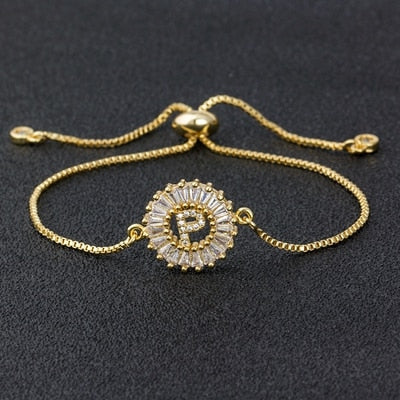 A-Z Initial Micro Pave Cubic Zircon Letter Charm Chain Bracelets Adjustable For Women