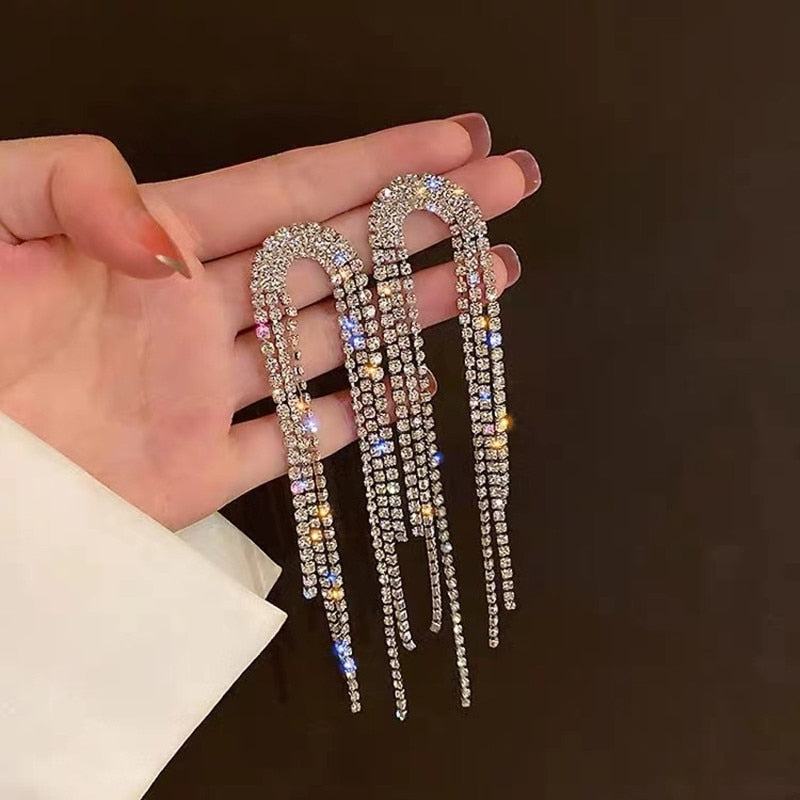 New Luxury Rhinestone Crystal Long Tassel Earrings for Women