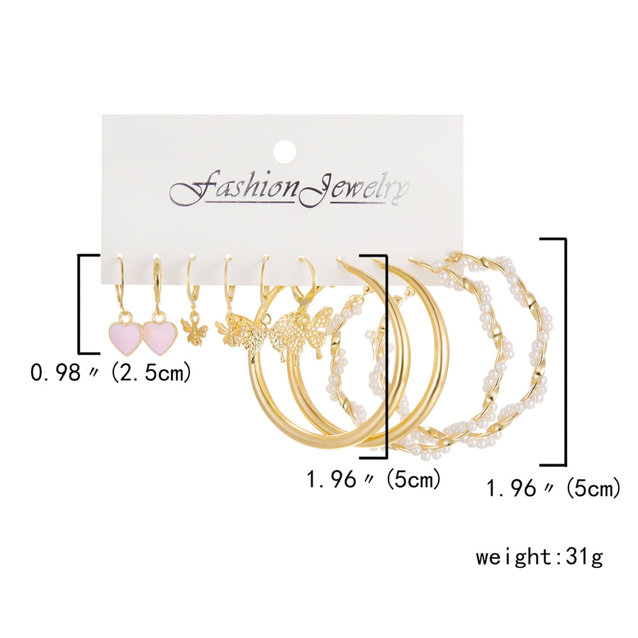 6 Pairs Heart Butterfly Drop Earrings Set