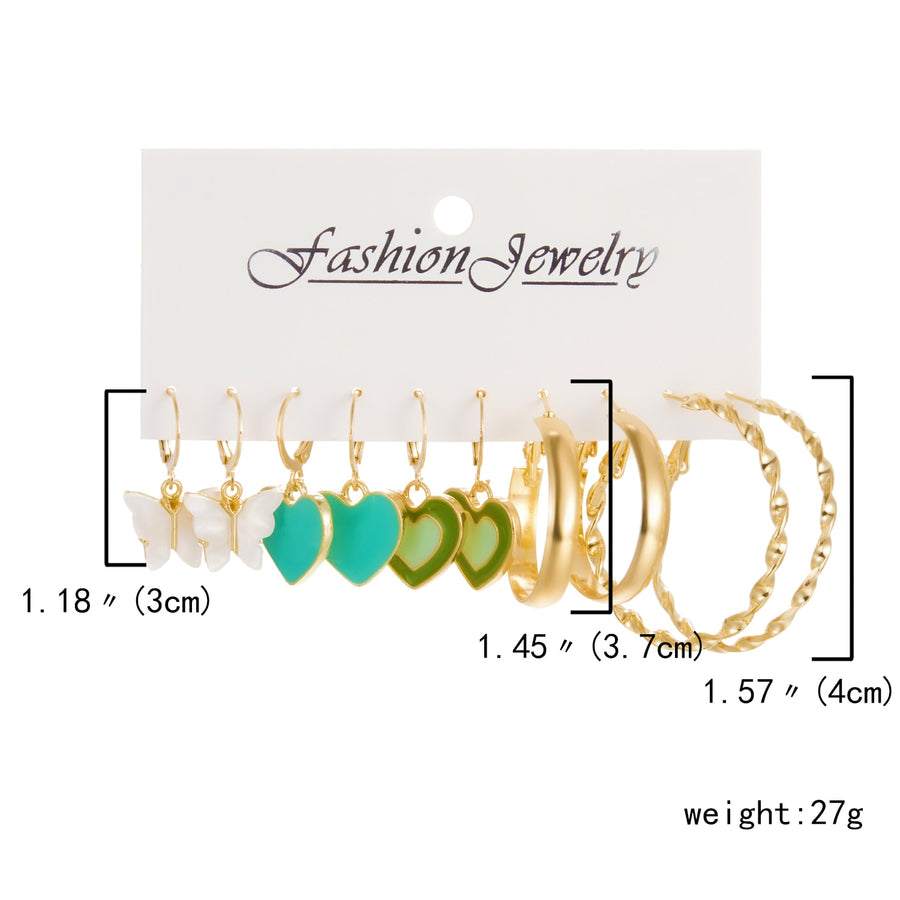 6 Pairs Heart Butterfly Drop Earrings Set