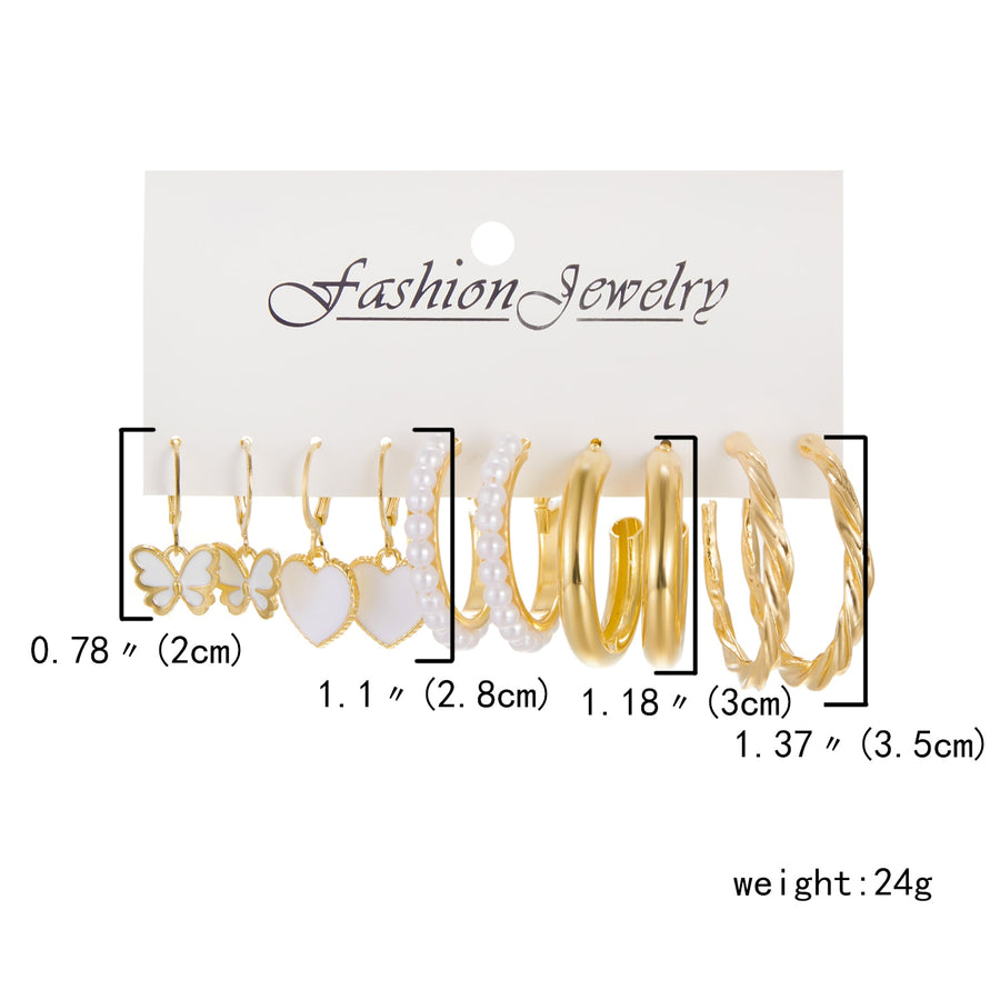 6 Pairs Heart Butterfly Drop Earrings Set