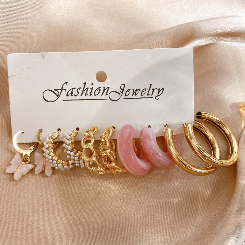 17KM Pearl Twist Hoop Earrings Set Butterfly Acrylic Dangle