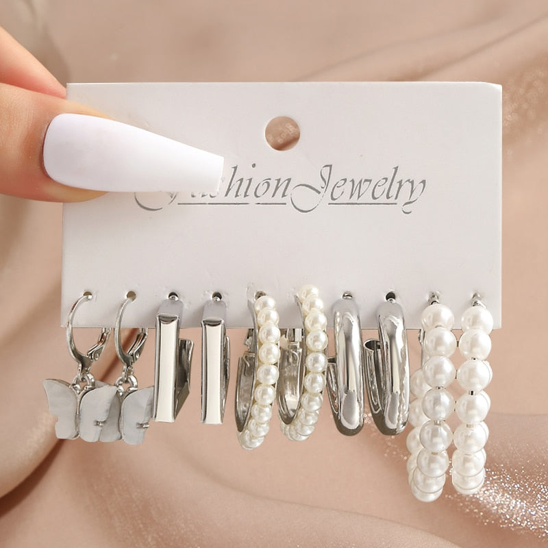 17KM Pearl Twist Hoop Earrings Set Butterfly Acrylic Dangle