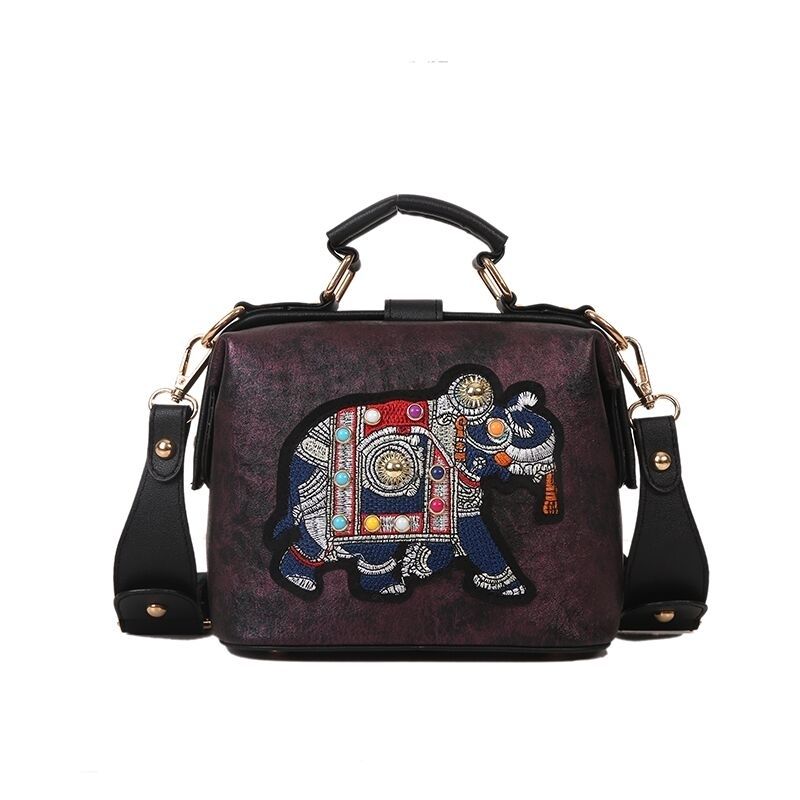 Vintage Embroidery Elephant Bags Wide Butterfly Strap PU Leather
