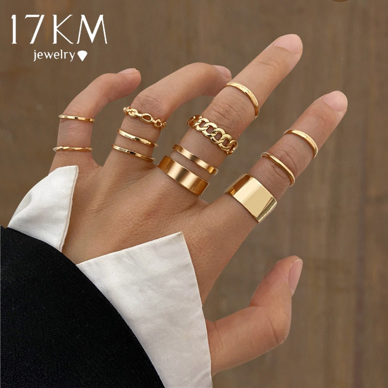 17KM Hiphop Gold Color Chain Rings Set For Women
