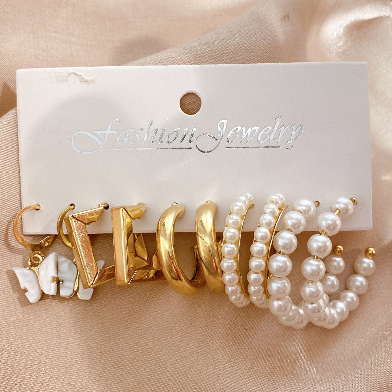 17KM Pearl Twist Hoop Earrings Set Butterfly Acrylic Dangle