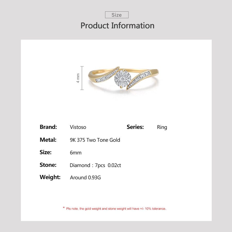 VISTOSO Genuine 9K 375 Yellow White Gold Rings For Women Simple Classic Diamond.
