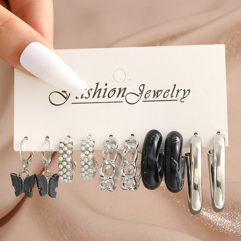 17KM Pearl Twist Hoop Earrings Set Butterfly Acrylic Dangle