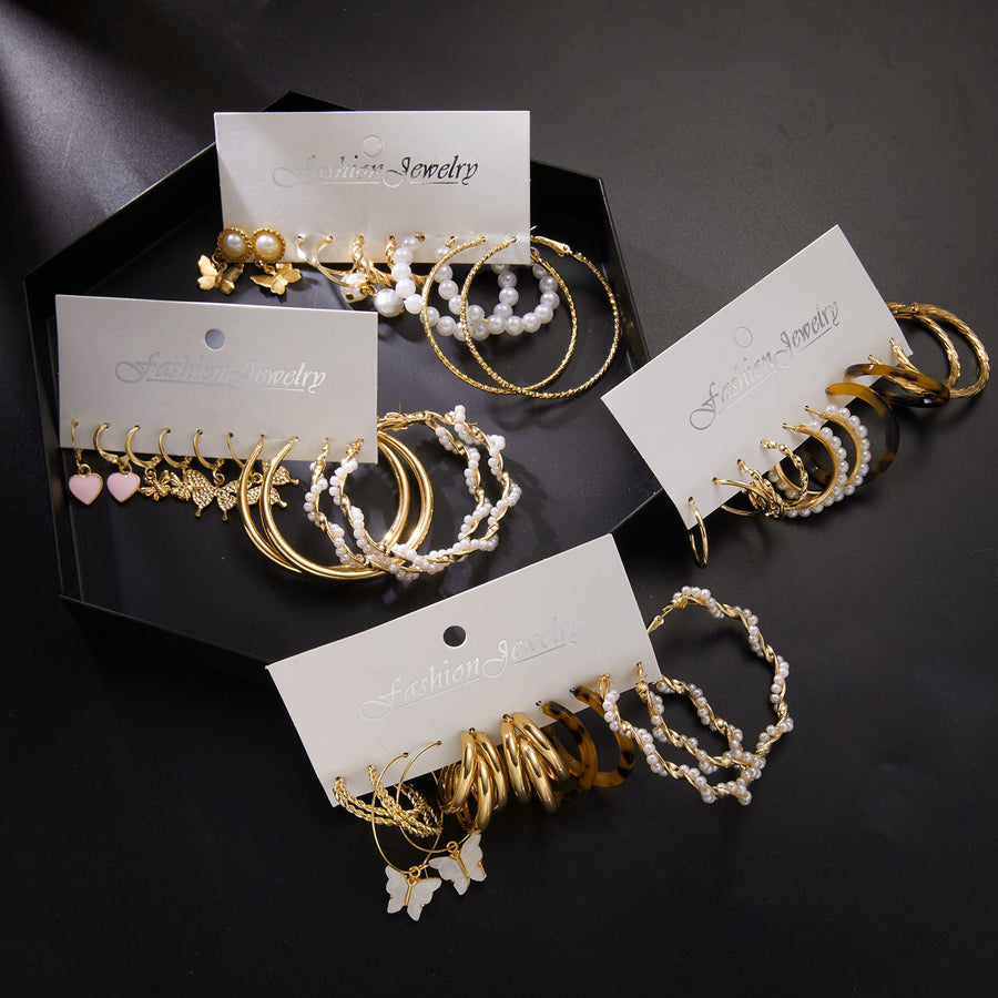6 Pairs Heart Butterfly Drop Earrings Set
